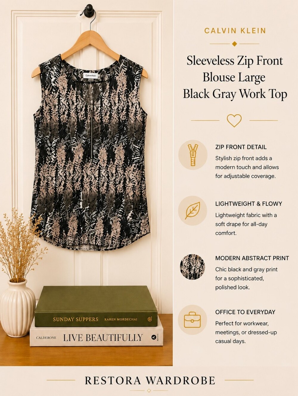 Calvin Klein Sleeveless Zip Front Blouse Large Black Gray Work Top
